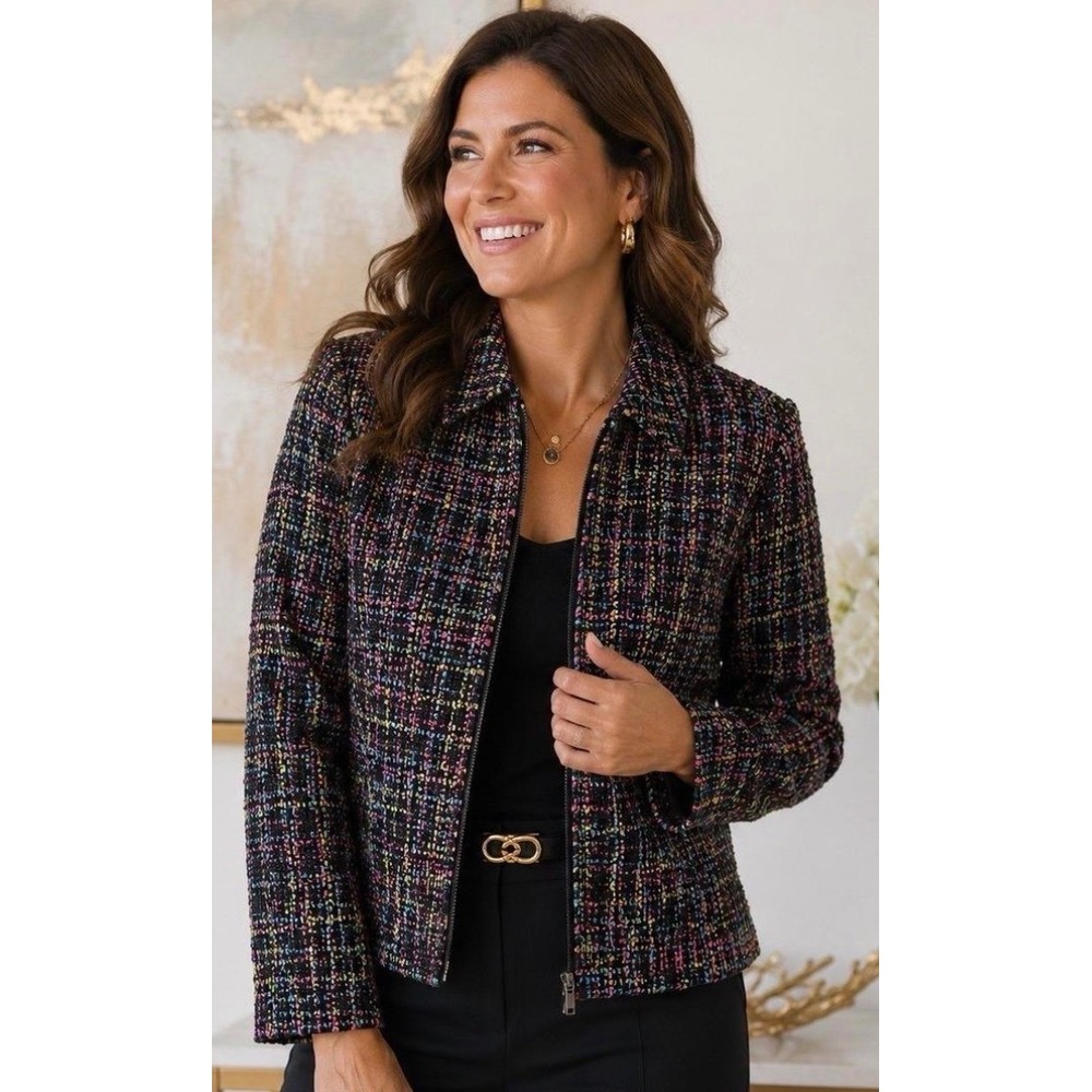 Coldwater Creek Womens Multi Color Confetti Tweed Zip Front Jacket Size 14 Wool